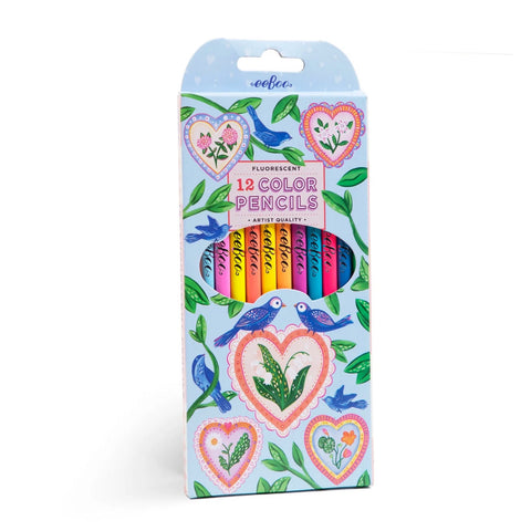 Eeboo Fluorescent Color Pencils Hearts & Birds set of 12