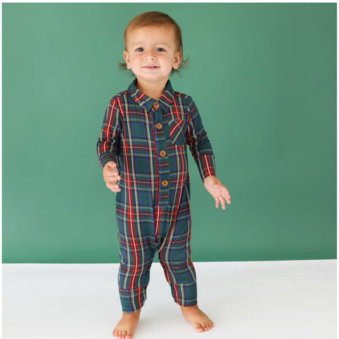 Posh Peanut Tartan Plaid Henley Long Sleeve Long Romper