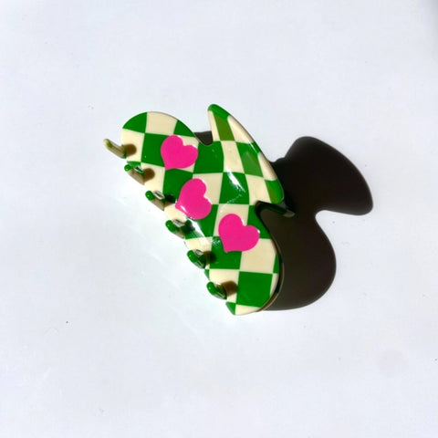 Solar Eclipse Hair Claw Green Checker Hearts