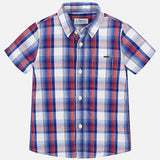 Mayoral Shortsleeve Button Up Shirt Navy Blue Orange Plaid