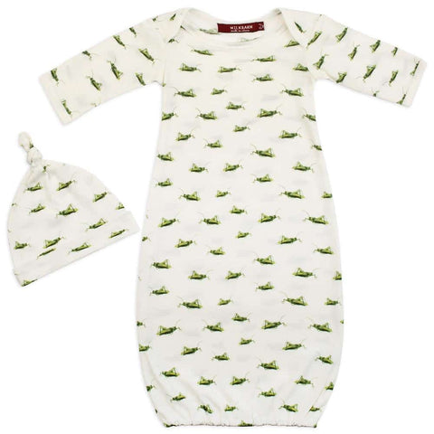 MilkBarn Organic Cotton Newborn Gown & Hat Set Grasshoppers 0-3 mos