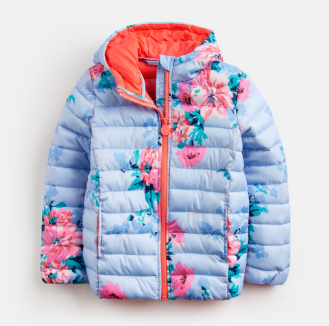 Joules Puffy Coat Sky Blue Floral with Neon Orange