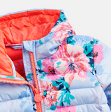 Joules Puffy Coat Sky Blue Floral with Neon Orange