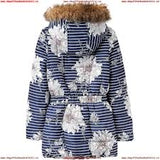 Joules Coat Parka Navy Stripe Floral With Faux Fur