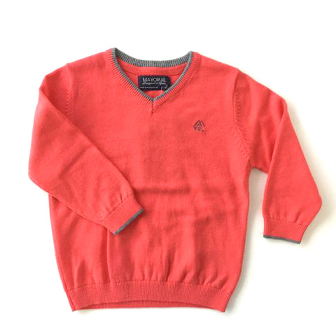 Mayoral Sweater Bright Coral Grey V Neck