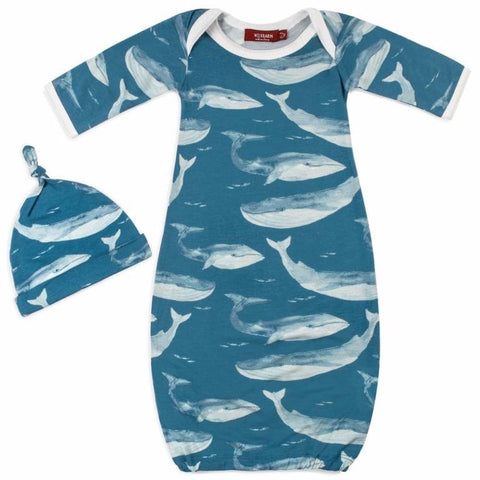 MilkBarn Bamboo Newborn Gown & Hat Set Blue Whale 0-3 mos