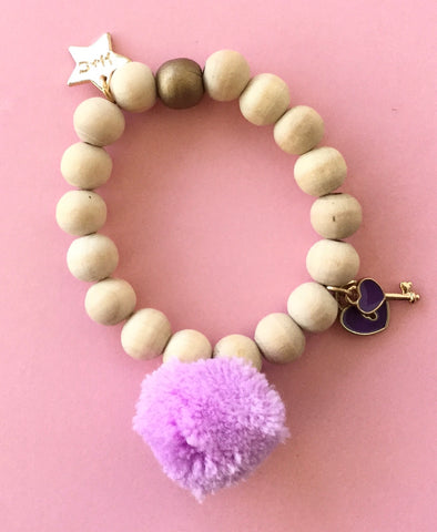 Henny and Coco Bracelet Wood Beads Purple Pom Pom