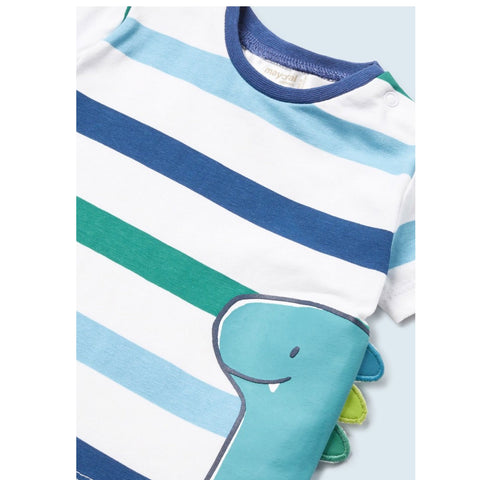 Mayoral Printed Tee Shirt  Blue Aqua Stripes Dino