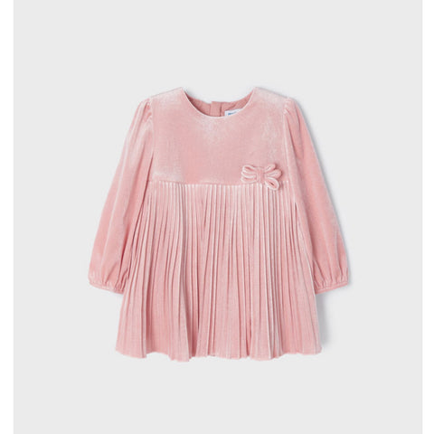 Mayoral Dress Long Sleeve Pleated Pink Velvet