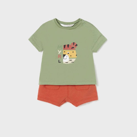 Mayoral 2 Piece Outfit Green Top Orange Shorts Tiger