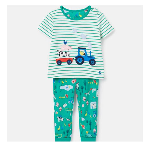 Joules Organic Cotton 2 Piece Pants Set Green Stripe Farm Animals