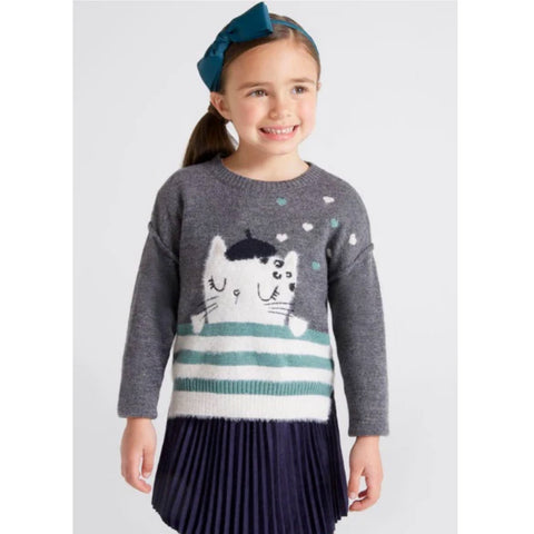 Mayoral Sweater French Cat in Green/White Stripe