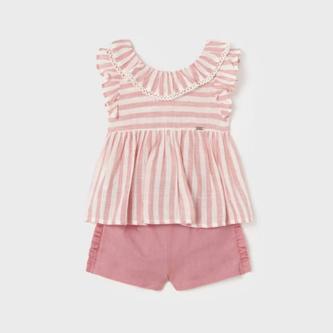 Mayoral Pink and White Stripe Blouse and Shorts Set
