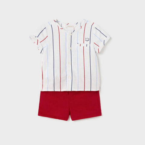 Mayoral Shorts and Shirt Set Red and Blue Pinstripes