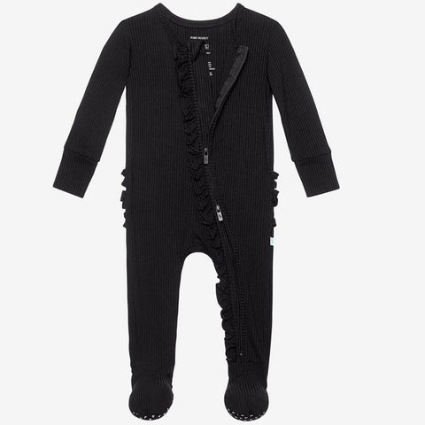Posh Peanut Solid Ribbed Black Footie Ruffled Zippered One Piece