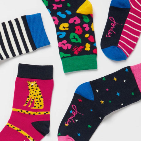 Joules Bamboo Socks 5 Pair Pack Pink Navy Leopard